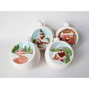 4 Vintage 1978 Porcelain Duncan Enterprises Cabin/Home Scene Christmas Ornaments